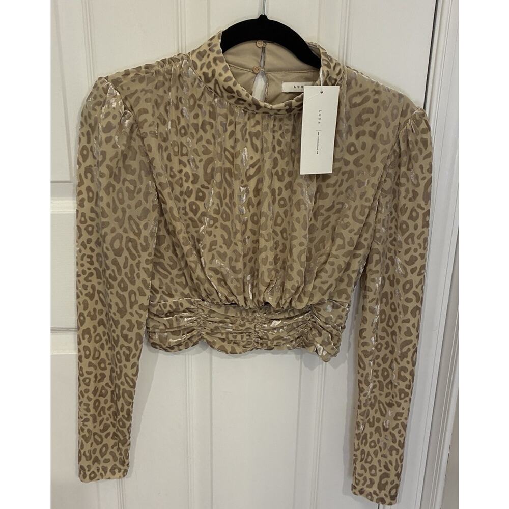 Lush NWT Leopard Velvet Crop Top Smocked High Neck Cutout Small Y2K